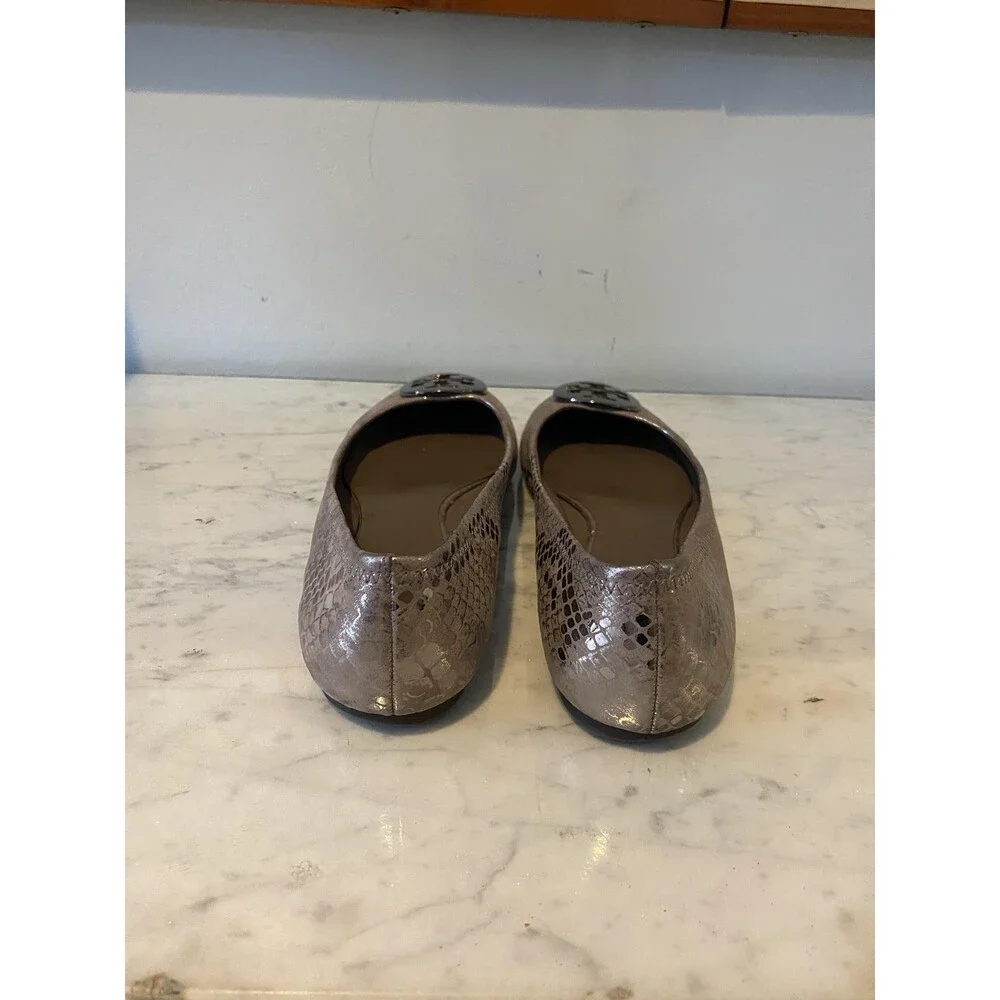Tory Burch Shoes Womens Size 8 Silver Snake Leather Ballet Flats Logo Slip On